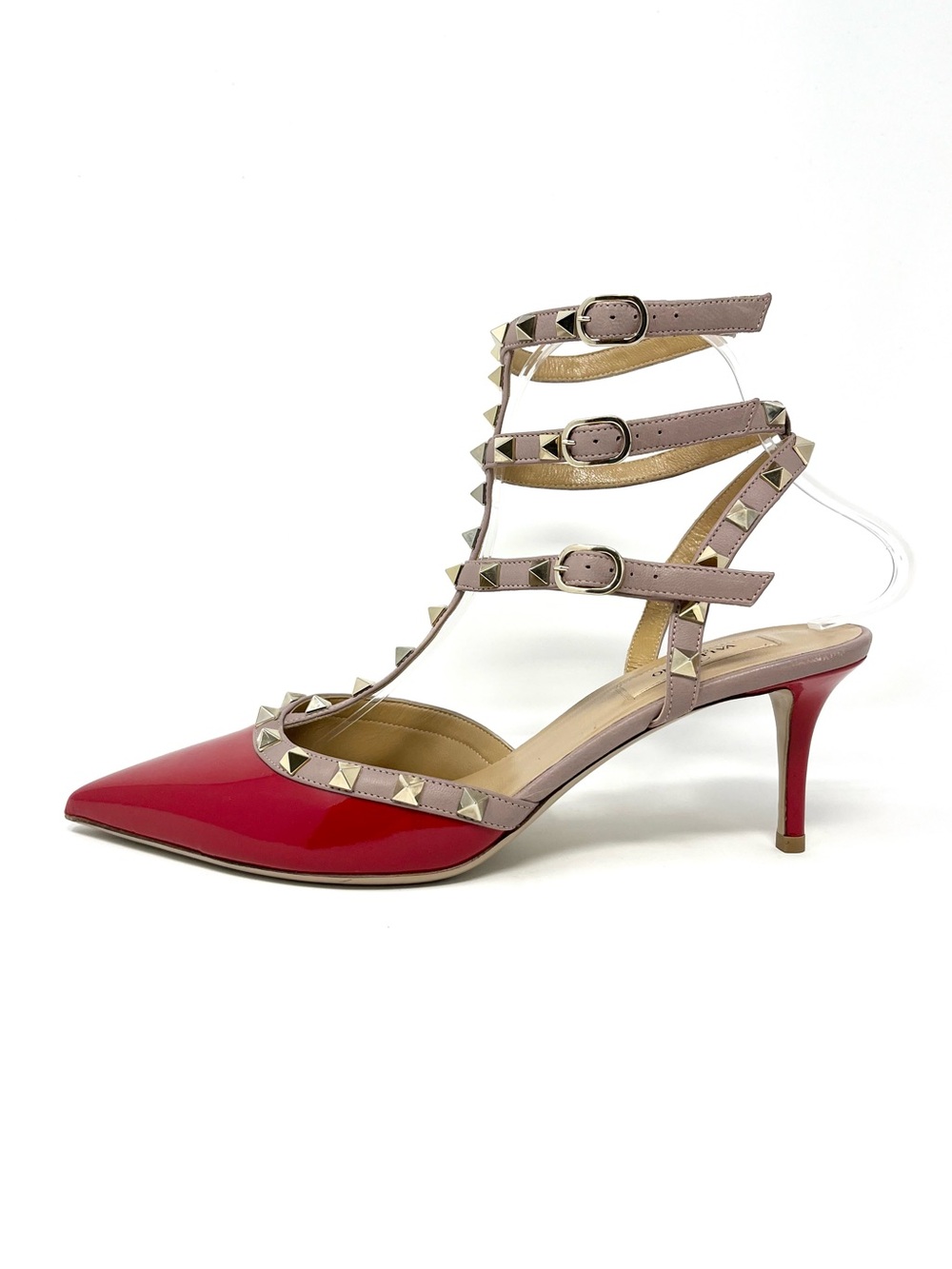 Valentino Garavani Rockstud Caged Slingback High Heels Pumps Red Patent 40.5